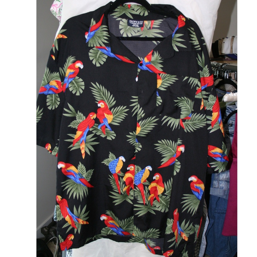 Pacific & Co Mens Parrot Tropical Palm Print Button Down Shirt Black XL 4747